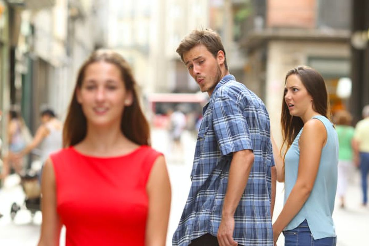Distracted Boyfriend meme about Barefaced