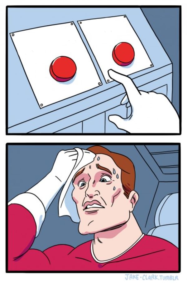 Two Buttons meme about Barefaced