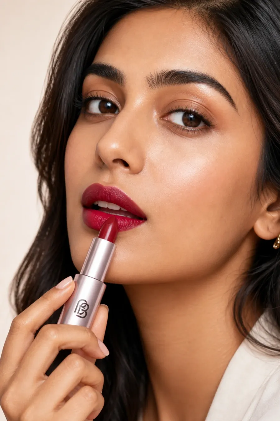 Model applying a deep berry BareSatin lipstick