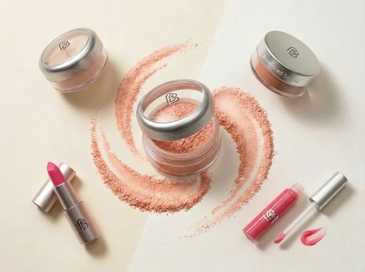 Mineral Foundation jars with a swirl of loose powder, a lipstick and a lip gloss