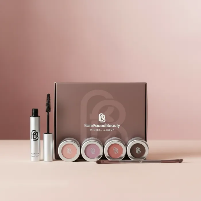Petal Glow eye kit: four mineral eyeshadows, mascara and brush in front of the gift box
